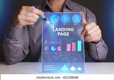Business, Technology, Internet and network concept. Young businessman working on a virtual screen of the future and sees the inscription: Landing page