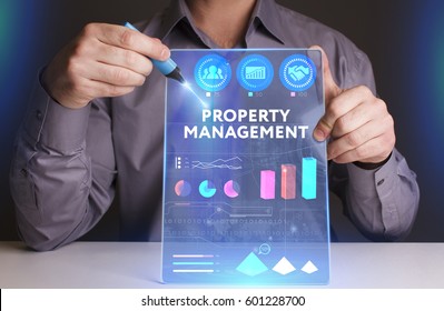 Business, Technology, Internet And Network Concept. Young Businessman Working On A Virtual Screen Of The Future And Sees The Inscription: Property Management
