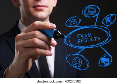 Business, Technology, Internet And Network Concept. Young Business Man Writing Word: Exam Results