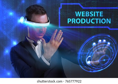 Business, Technology, Internet and network concept. Young businessman working on a virtual screen of the future and sees the inscription: Website production