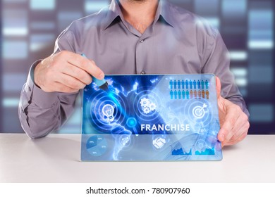 Business, Technology, Internet and network concept. Young businessman working on a virtual screen of the future and sees the inscription: Franchise
