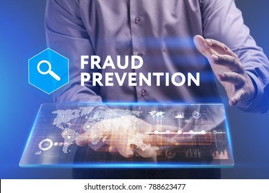 Business, Technology, Internet And Network Concept. Young Businessman Working On A Virtual Screen Of The Future And Sees The Inscription: Fraud Prevention