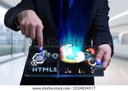 Business, Technology, Internet and network concept. Young businessman working on a virtual screen of the future and sees the inscription: HTML5
