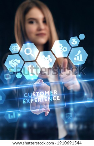 Business, Technology, Internet and network concept. Young businessman working on a virtual screen of the future and sees the inscription: Customer experience