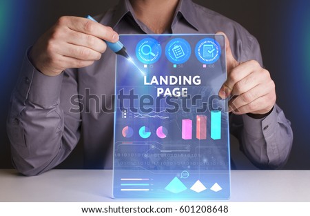 Business, Technology, Internet and network concept. Young businessman working on a virtual screen of the future and sees the inscription: Landing page