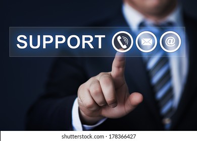 Business, Technology, Internet And Networking Concept - Businessman Pressing Support Button On Virtual Screens