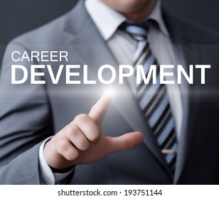 Business, Technology, Internet And Networking Concept - Businessman Pressing Career Development Button On Virtual Screens