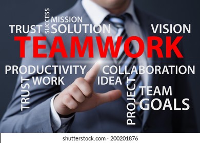 Business, Technology, Internet And Networking Concept - Businessman Pressing Teamwork Button On Virtual Screens 