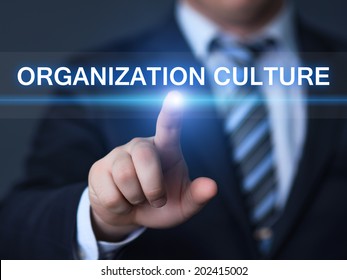 business, technology, internet and networking concept - businessman pressing organization culture button on virtual screens 