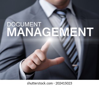 business, technology, internet and networking concept - businessman pressing document management button on virtual screens 