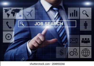 Business, Technology, Internet And Networking Concept - Businessman Pressing Job Search Button On Virtual Screens