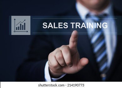 Business, Technology, Internet And Networking Concept - Businessman Pressing Sales Training Button On Virtual Screens