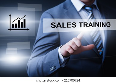 Business, Technology, Internet And Networking Concept - Businessman Pressing Sales Training Button On Virtual Screens