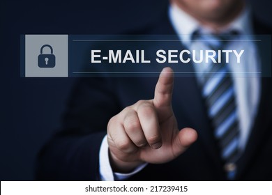 business, technology, internet and networking concept - businessman pressing e-mail security button on virtual screens