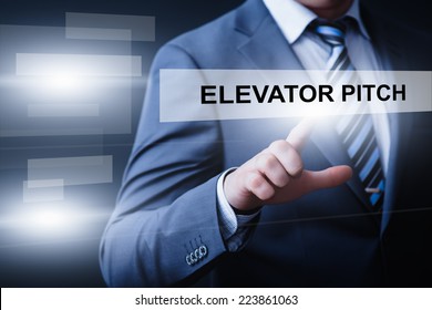 Business, Technology, Internet And Networking Concept - Businessman Pressing Elevator Pitch Button On Virtual Screens