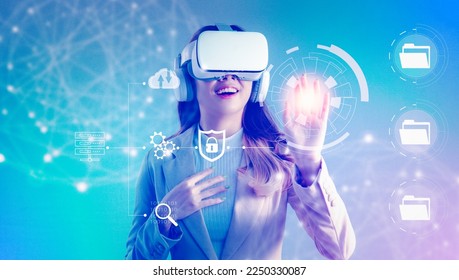 Business, technology, internet and networking concept. Asian businesswoman exploring virtual reality select the icon security on the virtual reality display. Metaverse concept. - Powered by Shutterstock