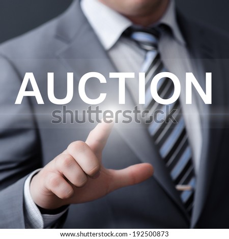 business, technology, internet and networking concept - businessman pressing auction button on virtual screens