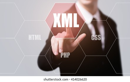 business, technology, internet and programming concept. Businessman pressing xml button on virtual screens with hexagons and transparent honeycomb - Powered by Shutterstock - Get 15% off with code: PIKWIZARD15