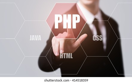 business, technology, internet and programming concept. Businessman pressing php button on virtual screens with hexagons and transparent honeycomb