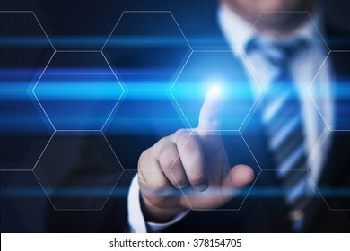 business, technology, internet and virtual reality concept - businessman pressing button on virtual screens with hexagons and transparent honeycomb