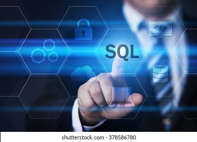 business, technology, internet and virtual reality concept - businessman pressing sql button on virtual screens with hexagons and transparent honeycomb