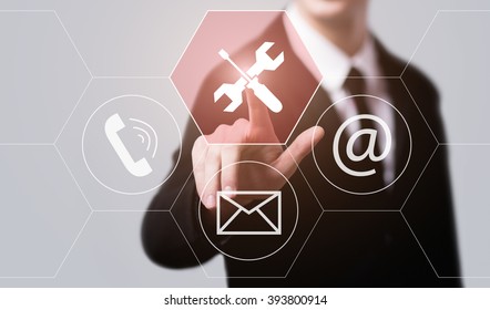 Business, Technology, Internet And Virtual Reality Concept - Businessman Pressing Technical Support Button On Virtual Screens With Hexagons And Transparent Honeycomb