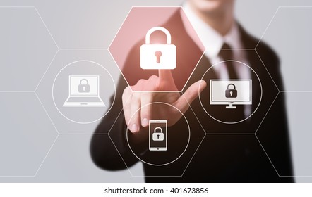 business, technology, internet and virtual reality concept - businessman pressing security button on virtual screens with hexagons and transparent honeycomb