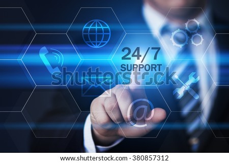 business, technology, internet and virtual reality concept - businessman pressing 24/7 support button on virtual screens with hexagons and transparent honeycomb
