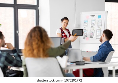 business, technology and people concept - woman showing tablet pc computer and user interface design on flip chart to creative team at office presentation