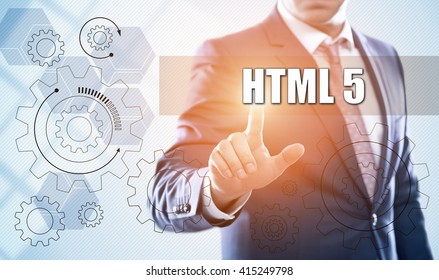 business, technology, programming, internet and virtual reality concept - businessman pressing html 5 button on virtual screens with hexagons and transparent honeycomb