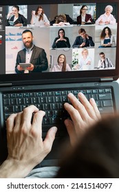 Business Telecommuting. Video Call. Corporate Webcast. Man Working Online With Professional Team On Laptop Screen In Virtual Office.