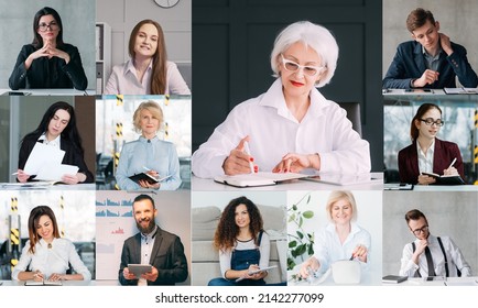 Business Teleconference. Video Meeting. Virtual Interview. Screenshot Of Senior Female Leader Employee Team Brainstorming Online In Digital Home Office.