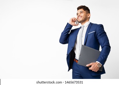 Business Telephone Etiquette. Arab Businessman Having Phone Conversation And Holding Folder. Isolated, With Empty Space For Text