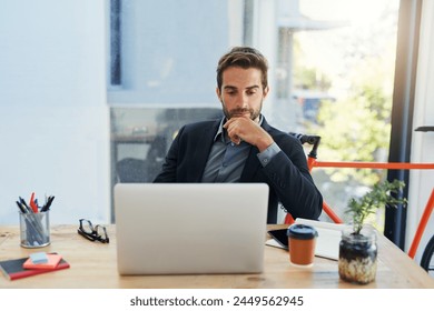 Business, thinking and man with laptop, planning or solution with modern office or problem solving for project. Person, employee or PR consultant with computer, creative agency or research with email - Powered by Shutterstock