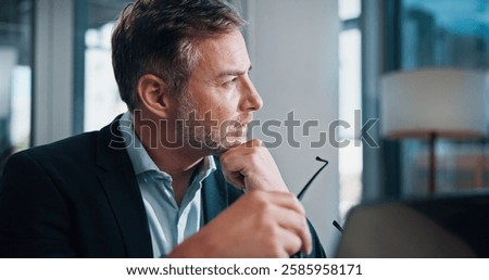 Business, thinking and man with problem solving, ideas and decision with planning. Person, employee and accountant in workplace, laptop and connection with choice, solution and ponder with wonder