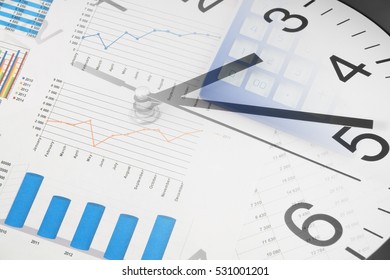 Business time concept, calculator on financial charts and graphs, collage with clock
