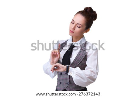 business and time management concept - stressed businesswoman looking at clock