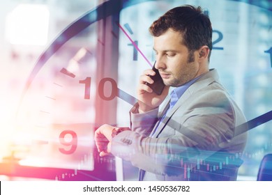 Business times concept. businessman calling smart mobile phone while looking what time at his wristwatch overlay clock face.