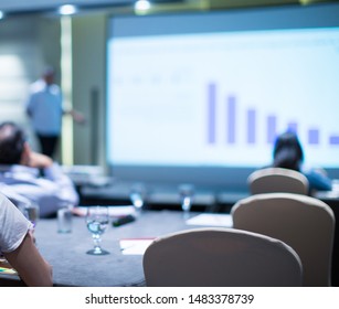 Business Trainer Giving Presentation To Group Of People. Leadership Coach Briefing Management Students In Lecture Hall During International Forum.
Speaker During Presentation Giving Speech To Audience