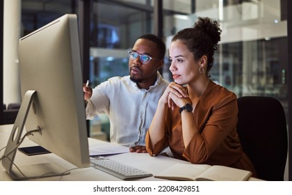Business training, night planning and employees talking about corporate proposal on internet in dark office at night. African workers working on partnership on the web with computer during overtime - Shutterstock ID 2208429851