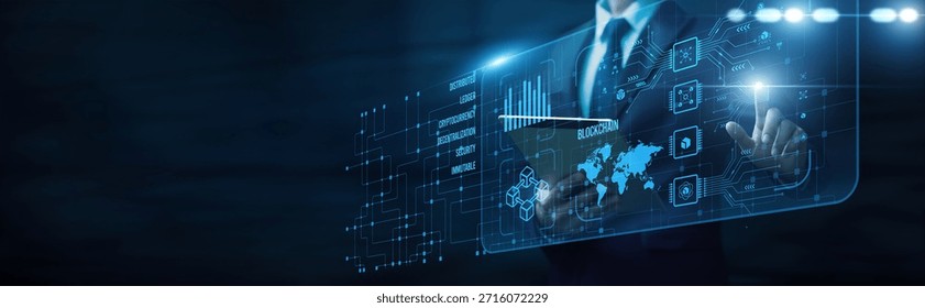 Business transaction record touching interface and blockchain technology digital ledger cryptocurrency smart contract security decentralized finance innovation.