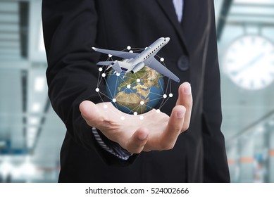 Business Travel And Insurance Agent With Protective Gesture And Icon Of Plane And Globe. Concept Banner 