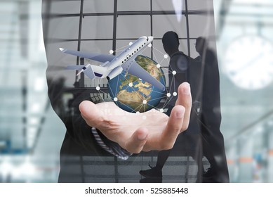 Business Travel Insurance And Insurance Agent With Protective Gesture And Icon Of Plane And Globe. Concept Banner 