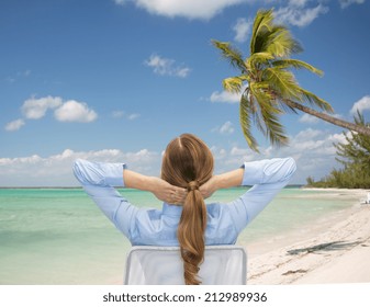 Business, Travel, Tourism, Vacation And People Concept - Businesswoman Or Teacher Sitting On Chair From Back Over Tropical Beach Background