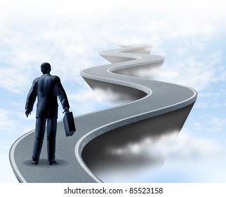 Business Uncertainty And Risk Showing A Winding Road High Above The Clouds Showing The Concept Of Danger And Challenges Faced In Business And The Corporate World Of Finance And Financial Services.