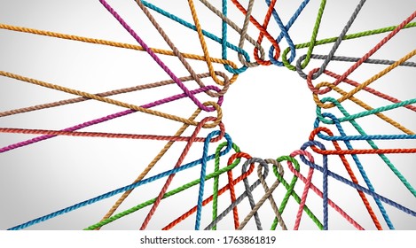 Business Unity and connection partnership as ropes shaped as a circle in a group of diverse strings connected together shaped as a support symbol expressing the feeling of teamwork and togetherness. - Shutterstock ID 1763861819