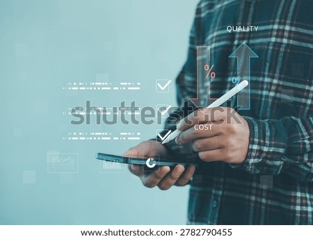 Business user analyzing cost versus quality on digital tablet, performance metrics, KPI optimization, data-driven decision making, efficiency improvement and process management concept