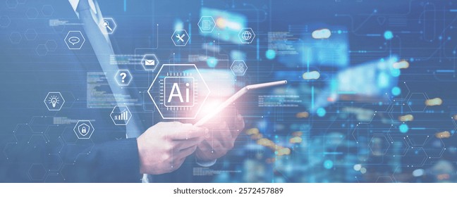 Business using AI technology to analyze data and generate insights with digital systems. artificial intelligence, cybersecurity, and IoT networks for secure communication and information processing.