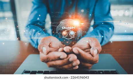 A business using computer to chatbot in system artificial intelligence chatbot application software, Chat GPT Chat intelligence , developed by OpenAI generate. Futuristic technology. - Shutterstock ID 2264196043