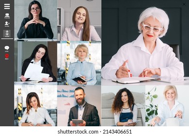 Business Video Chat. Web Conference. Corporate Telecommuting. Screenshot Of Senior Female Leader Team Working On Project Online In Virtual Office.